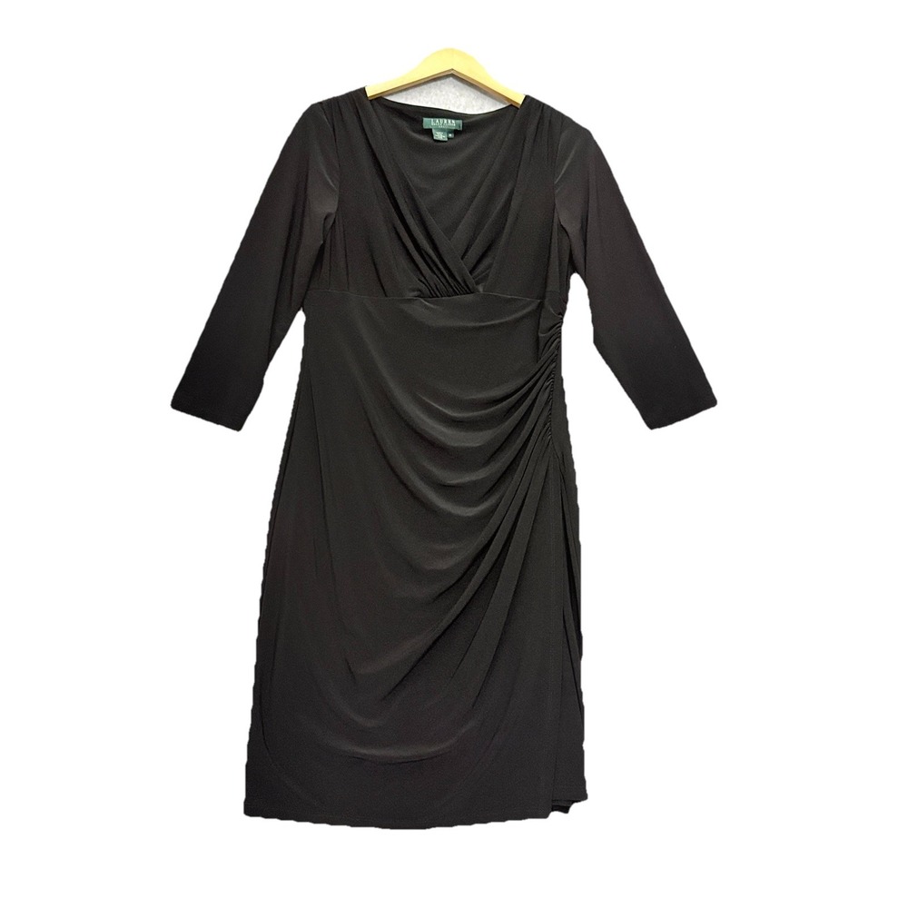 Lauren Ralph Lauren Midi Dress Black Ruched Sz Plus 14 Stretch 3/4 Slv Faux Wrap